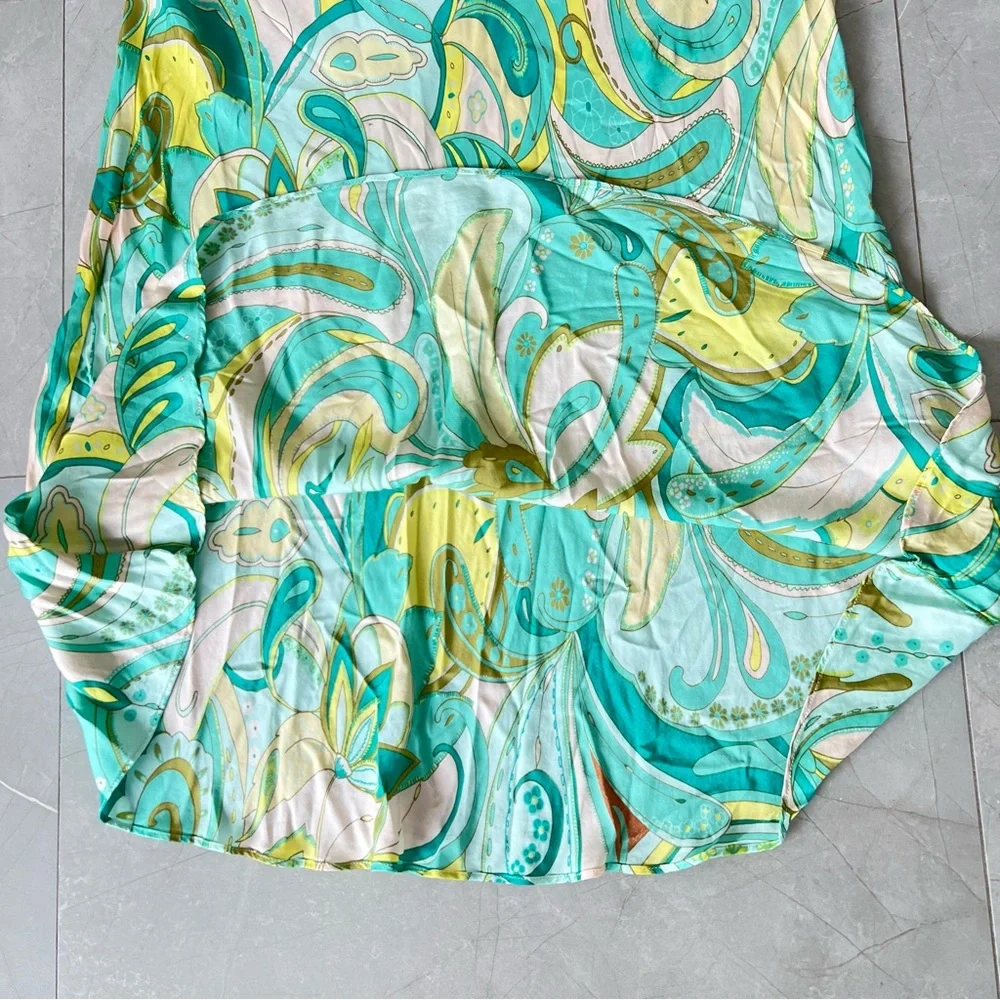 ZARA Sea Green Spring Multicolor 100% Viscose A Line Side Zip Midi Skirt Sz L